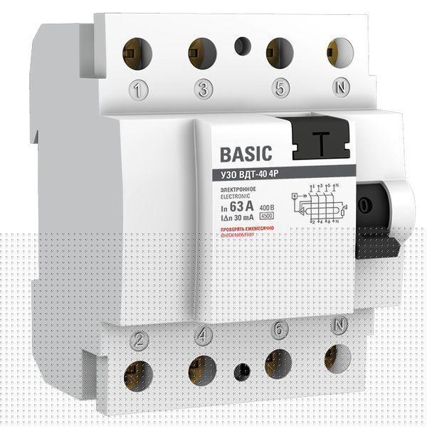 Выключатель дифференциального тока (УЗО) 4п 63А 30мА тип AC Basic электрон.EKF elcb-4-63-30e-sim