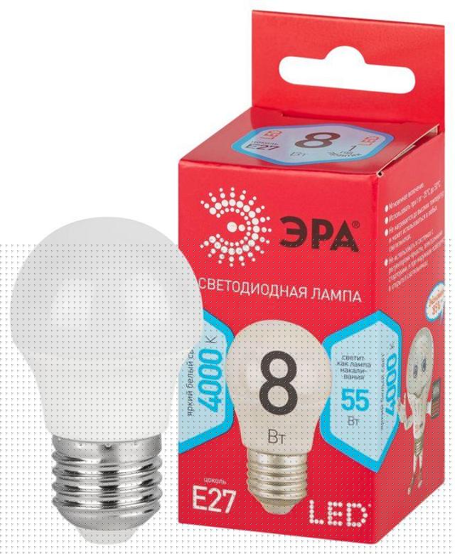 Лампа светодиодная RED LINE LED P45-8W-840-E27 R 8Вт P45 шар 4000К нейтр. бел. E27 Эра Б0049645