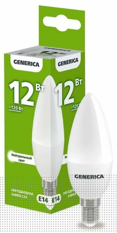 Лампа светодиодная C35 12Вт свеча 4000К E14 230В GENERICA LL-C35-12-230-40-E14-G