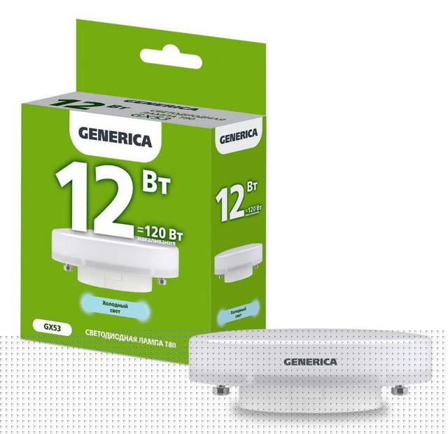 Лампа светодиодная T80 12Вт таблетка 6500К GX53 230В GENERICA LL-T80-12-230-65-GX53-G