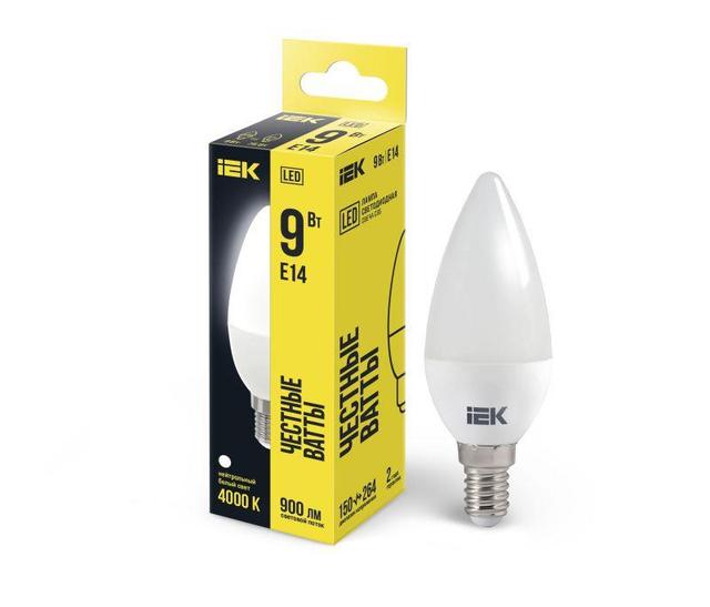 Лампа светодиодная Eco 9Вт C35 свеча 4000К нейтр. бел. E14 230В IEK LLE-C35-9-230-40-E14