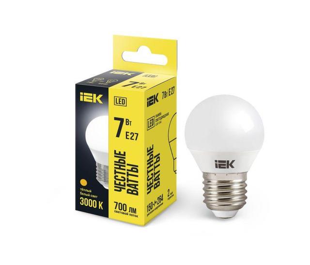 Лампа светодиодная ECO G45 7Вт шар 3000К тепл. бел. E27 630лм 230-240В IEK LLE-G45-7-230-30-E27
