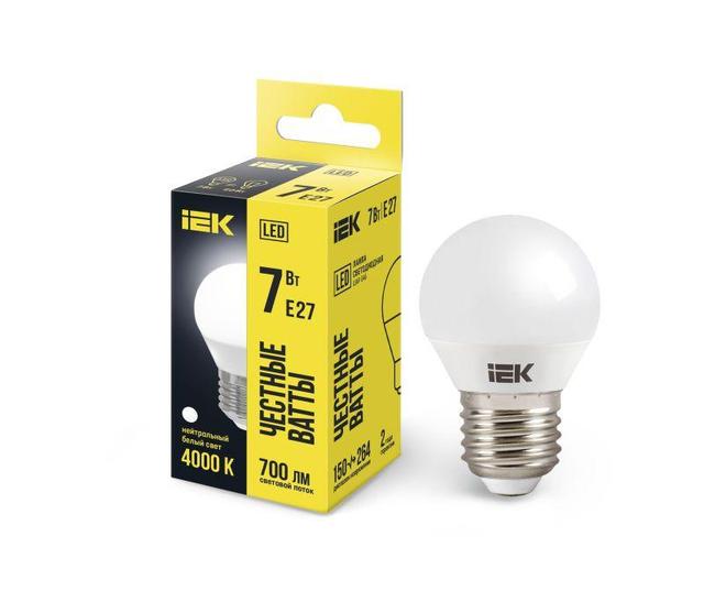 Лампа светодиодная Eco G45 7Вт шар 4000К нейтр. бел. E27 630лм 230-240В IEK LLE-G45-7-230-40-E27