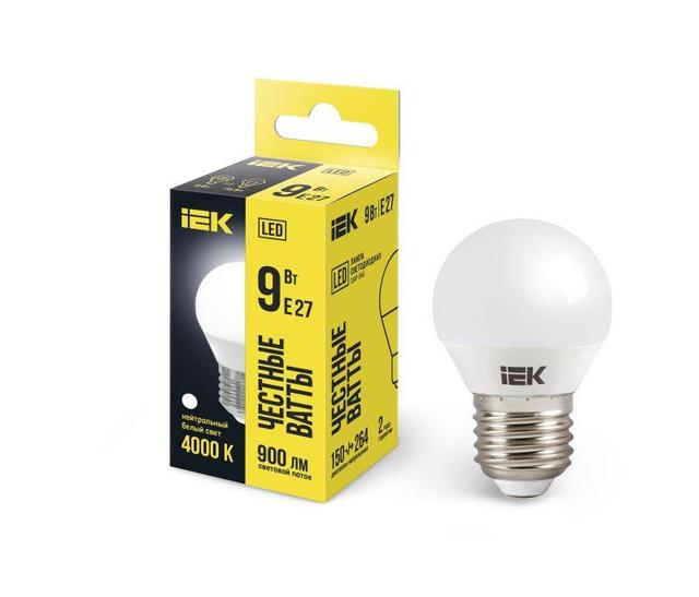 Лампа светодиодная Eco G45 9Вт шар 4000К нейтр. бел. E27 230В IEK LLE-G45-9-230-40-E27