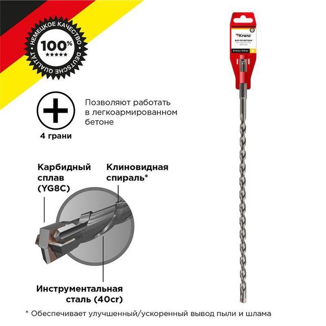 Бур по бетону 10х310мм крестовая пластина SDS PLUS Kranz KR-91-0812