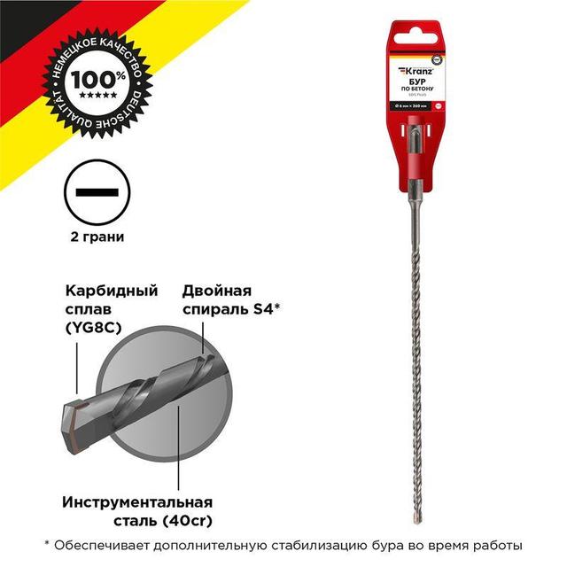 Бур по бетону 6х260мм SDS PLUS Kranz KR-91-0813